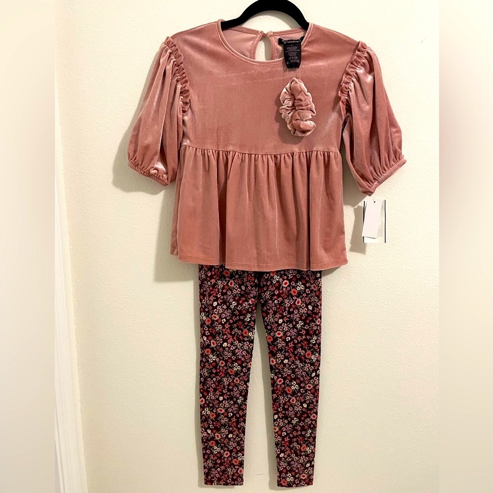 Girls Velvet Blush Top and Floral Leggings Set